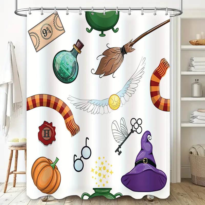 Harry Potter-themed shower curtain featuring a broomstick, wand, pumpkin patch, and magical creatures perfect for Halloween! (It
