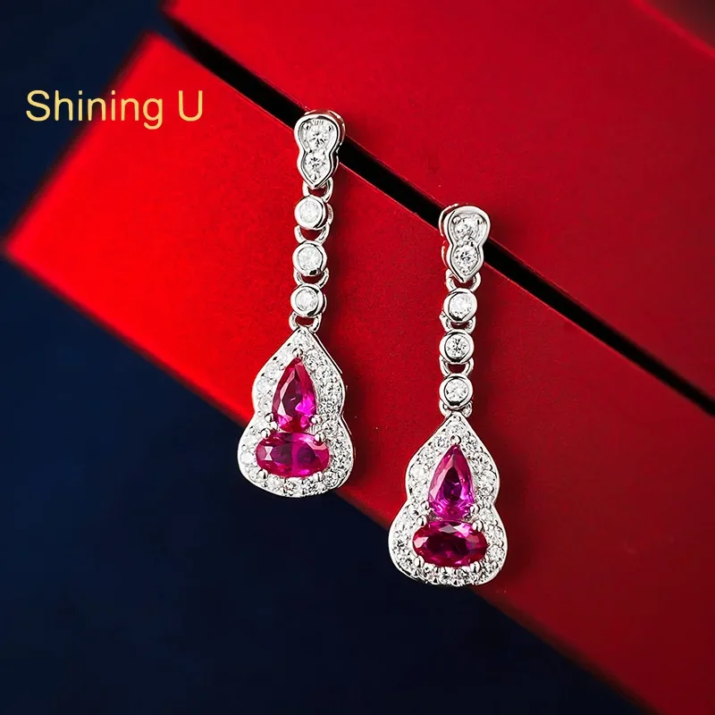 Shining U S925 Silver Rosy Gems Gourd Drop Earrings for Women Fine Jewelry Anniversary