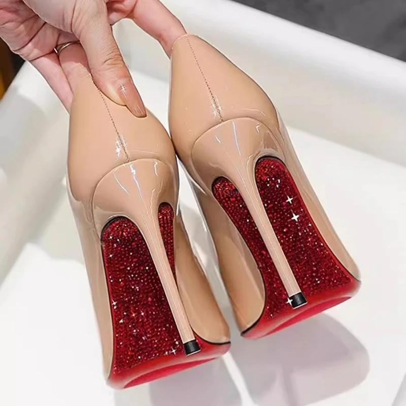 2025 spring new pointed rhinestone red sole patent leather shoes thin high-heeled banquet dress side empty women's sandals