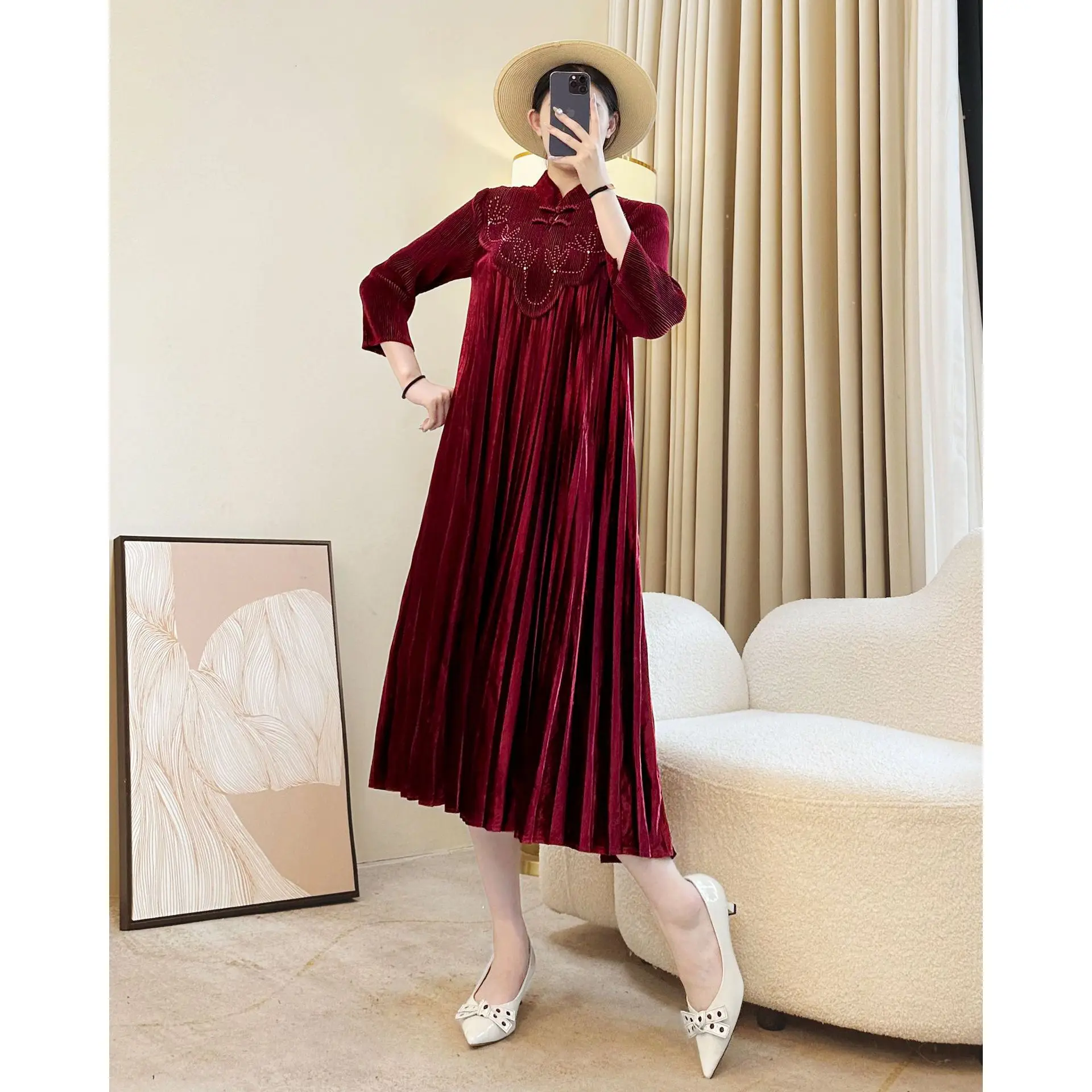 Miyake geplooide fluwelen jurk effen kleur stiksels opstaande kraag pofmouwen losse elegante geplooide trouwjurken voor dames