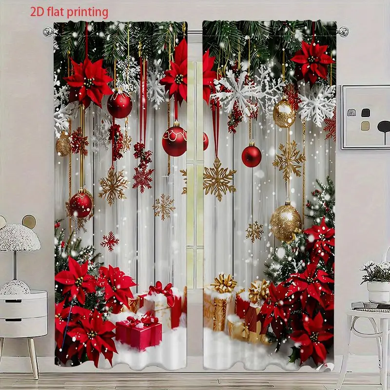Christmas Curtain Panels, White Wood Plank Xmas Balls Poinsettia Gift Box Snowflake Window Drapes for Holiday Living Room Decor