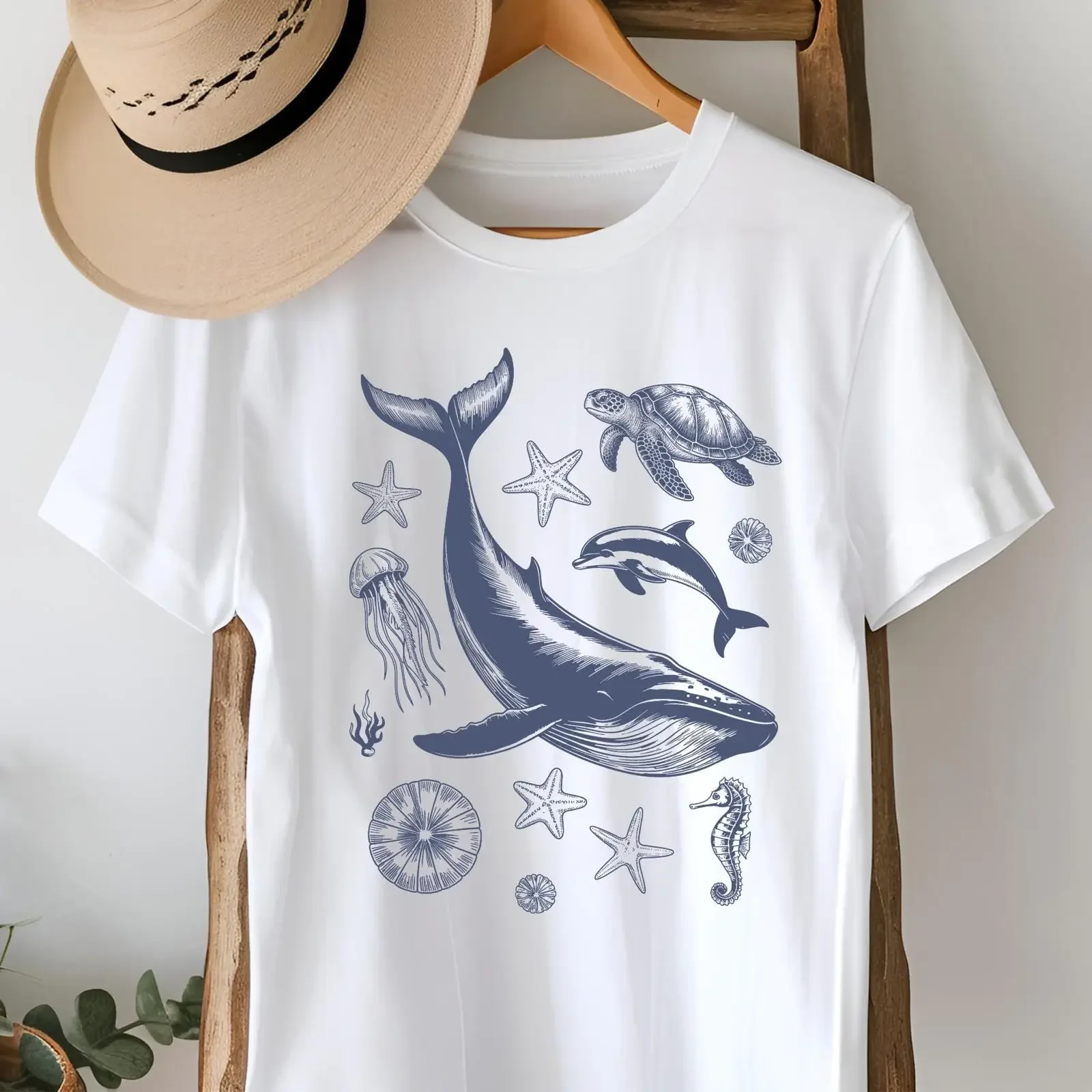 Vintage Ocean Animals T Shirt Whale Turtle Dolphin Sea Life Nature Lover  vintage Washed Slightly Casual Comfortable graphic