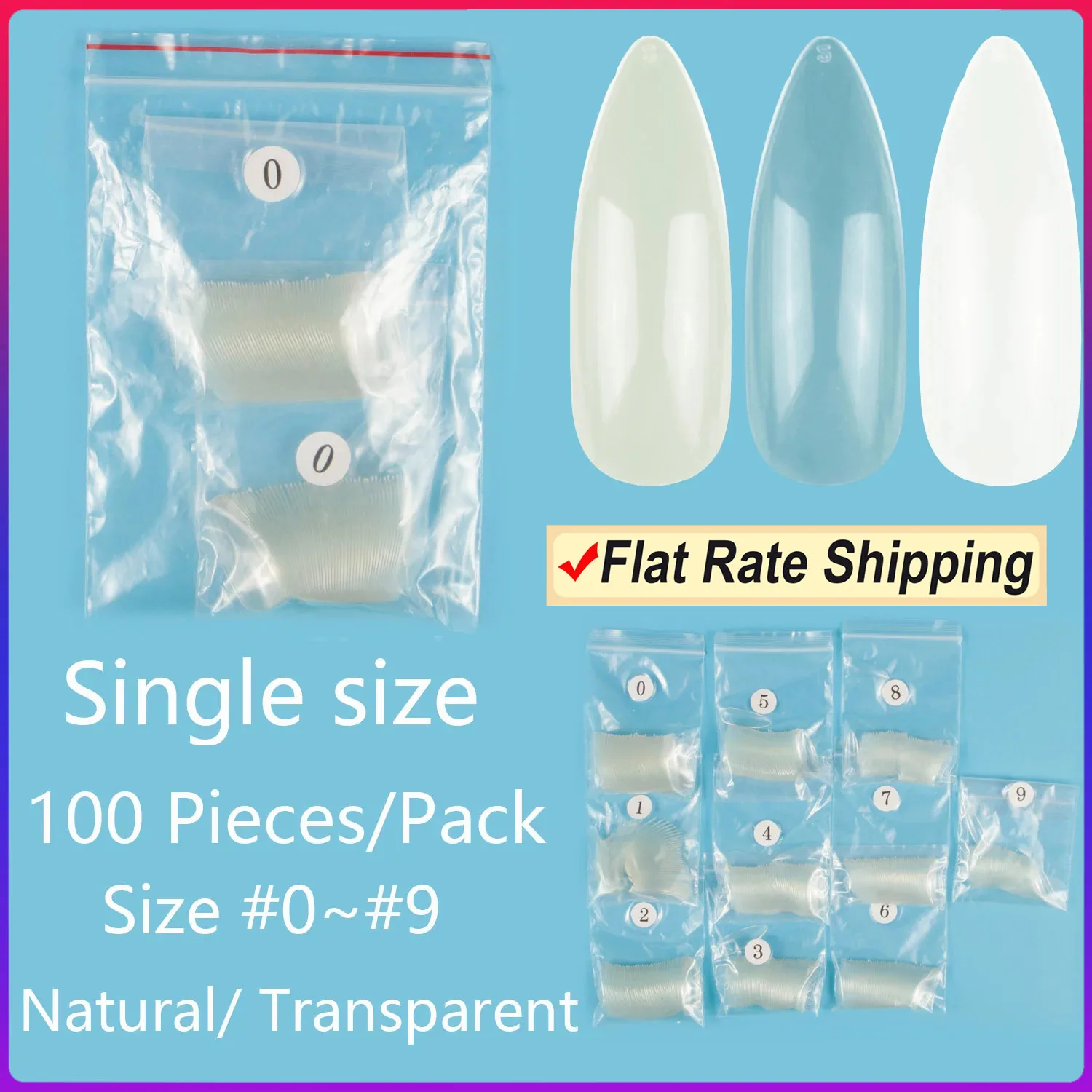 

Single Size Long Almond 100 Pieces False Nail Tips Nail Recover Size 3 4 5 6 Fake Nails Full Cover Nail Tips Artifical Nails