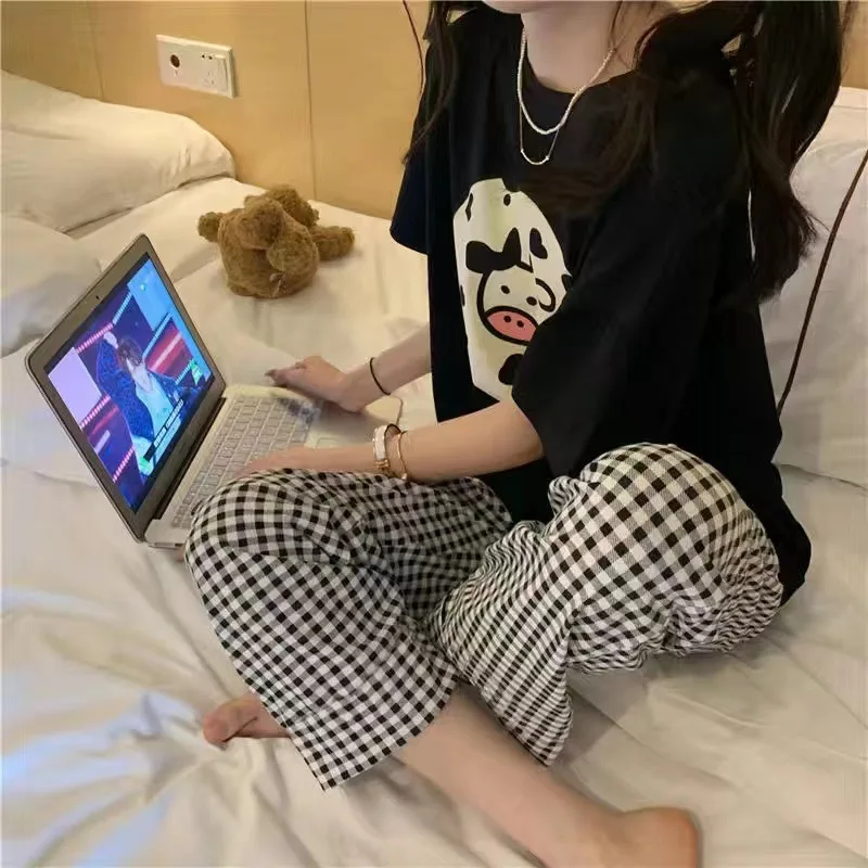 Pajamas Summer Suit Student New Short Sleeve Long Pants Plaid Loose Plus Size Korean Cartoon Loungewear Christmas Birthday Gifts