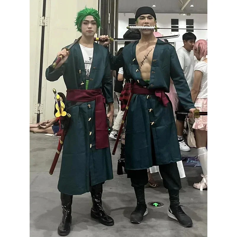 Anime Piece Pirate Cosplay Costume Roronoa Zoro  Two Year Later Wig Earrings Black Green Coat Belt Pants Kimono Party Suit