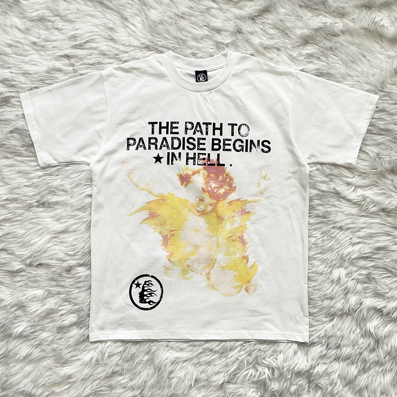 Pure Cotton Short Sleeve T-Shirt Hellstar Studios UV Angel Tee round Neck Print Youth Fashion Summer Casual Standard Fit