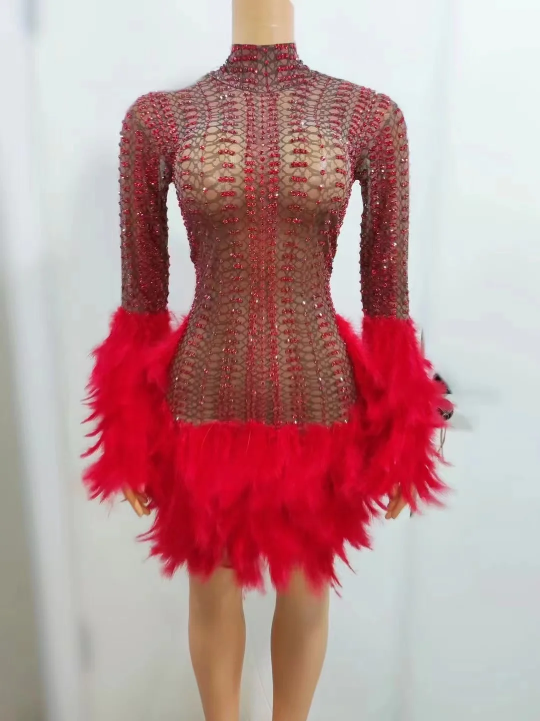 Vestido de fiesta ajustado de manga larga con borlas personalizadas, malla de plumas, encaje transparente, alto elástico, perla, Sexy, actuación en escenario