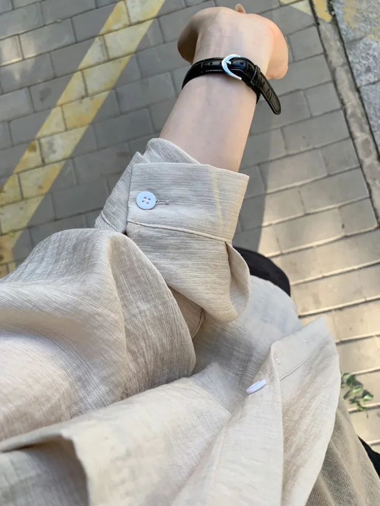 

Spring Card Color Linen irt Women's High-End Cotton Linen Open Card Thin Long Sve Silk Outerwear Top Collar Button