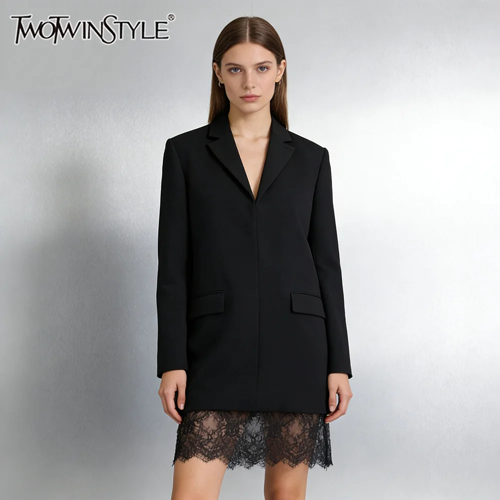 TWOTWINSTYLE Luźne, eleganckie marynarki damskie z koronkowymi wstawkami, klapy, długie rękawy, temperamentna marynarka damska, odzież jesienna, nowość
