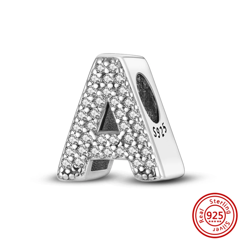 925 Sterling Silver Letter A-Z 26 English Alphabet Pavé Sparkling Beads Fit Original Pandora Charms Bracelet DIY Making Jewelry