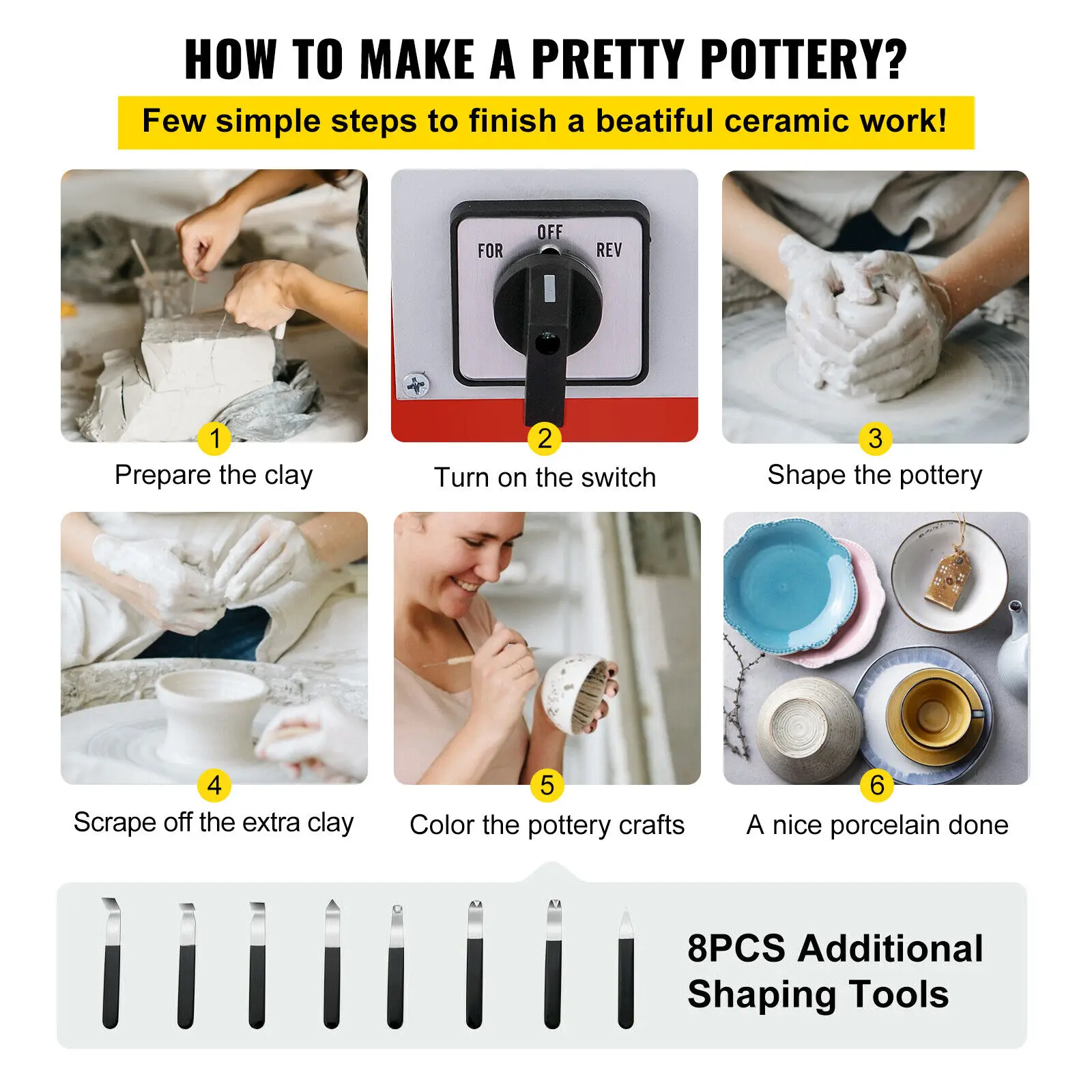 VEVOR 25CM Điện Chuyên Nghiệp Gốm Bánh Xe Máy 220V Gốm Công Việc Đất Sét Nghệ Thuật Thủ Công Tay Đẩy/Bàn Đạp Điều Khiển người Thợ Gốm