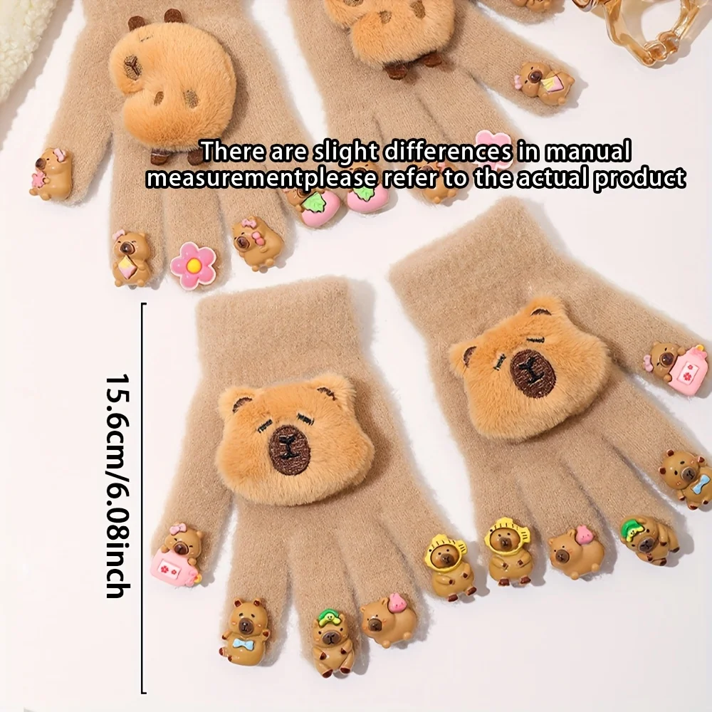 Cute Winter Girls' Gloves with Adorable Capybara Decoration, Comfortable and Warm for Autumn and Winter, Fingertip Design