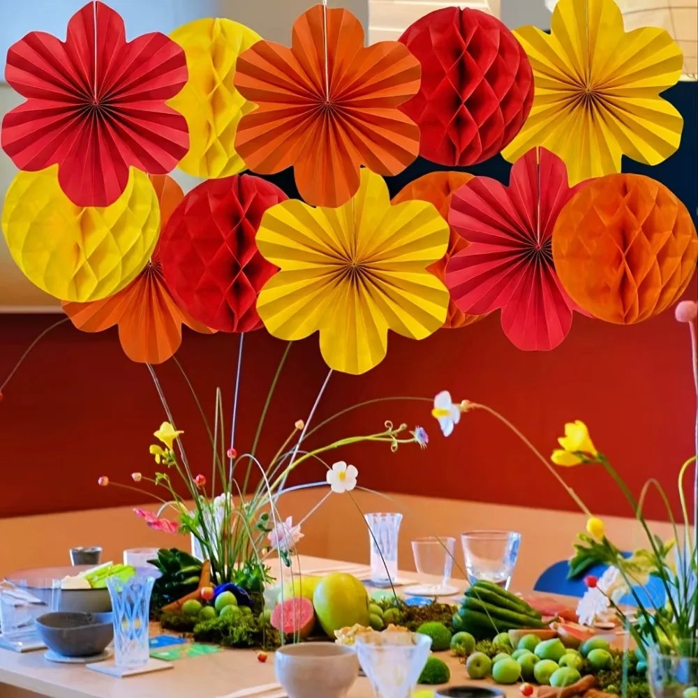 12 Piezas de Abanicos de Papel en Naranja, Amarillo y Rojo, Pompones de Papel para Bodas, Picnics al Aire Libre, Graduaciones, Día de la Madre, Decoración para Fiestas Escolares