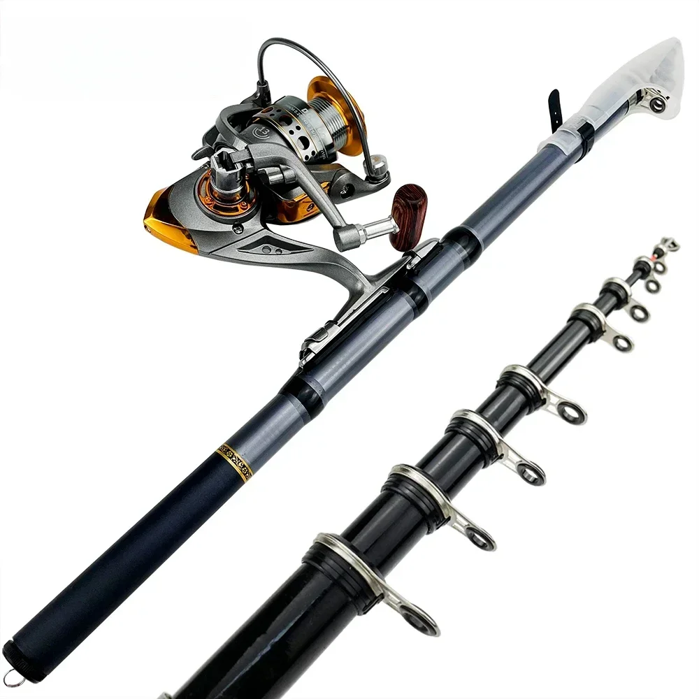 Curto telescópico Rocha Pesca Rod, Combo Carretel, Fibra De Carbono, Spinning Pole1000, 2000, 3000, Carretel de pesca com Linha, Kit completo