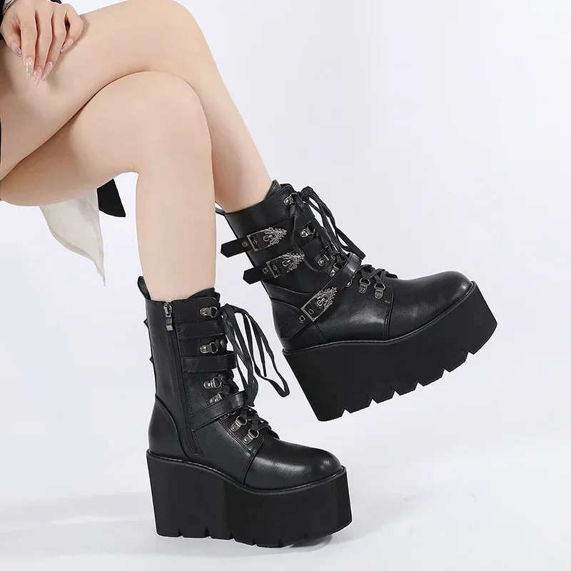 

10cm New Arrivals Women's Boots Square heel round toe platform metallic buckle thick bottom boots