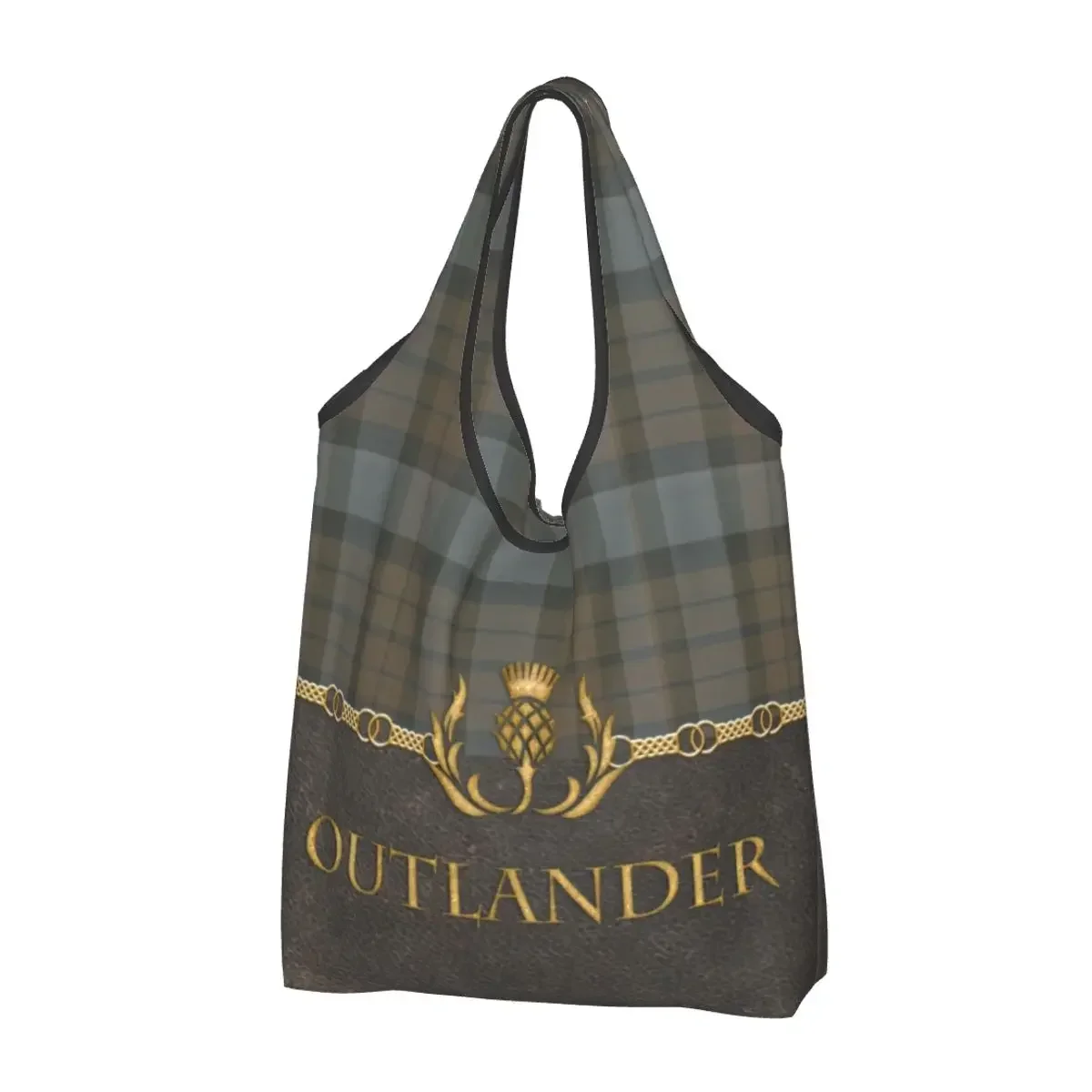 Custom Leather And Tartan Outlander Pattern Shopping Bag Tote  Portable Modern Plaid Check Texture Groceries Shopper s