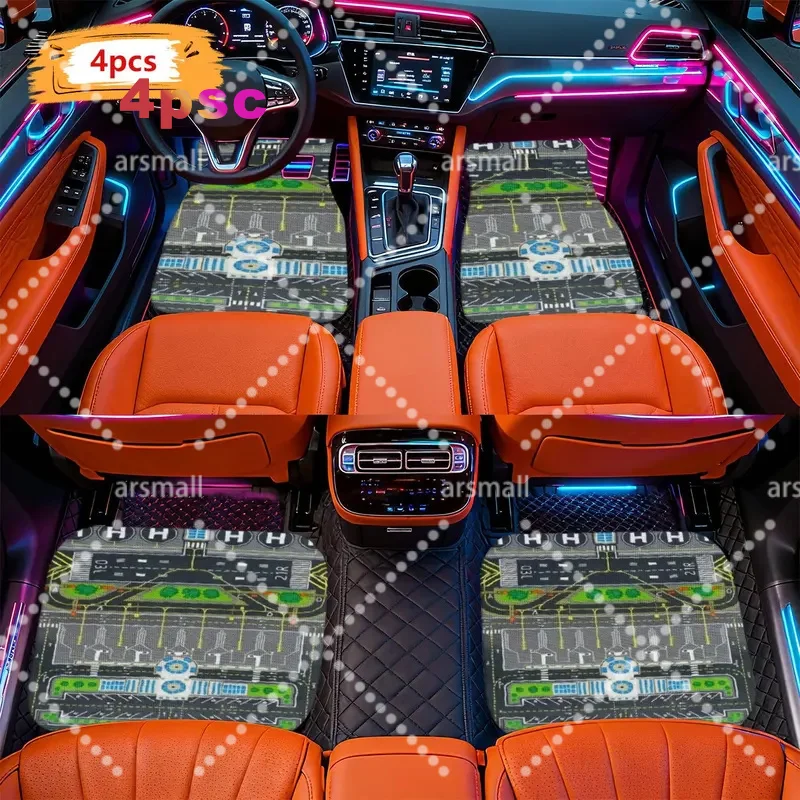 2D Flat, 4pcs Modern Minimalist Airport Runway Architectural Pattern Car Floor Mats - Compatible With Multiple Vehicle Models, E