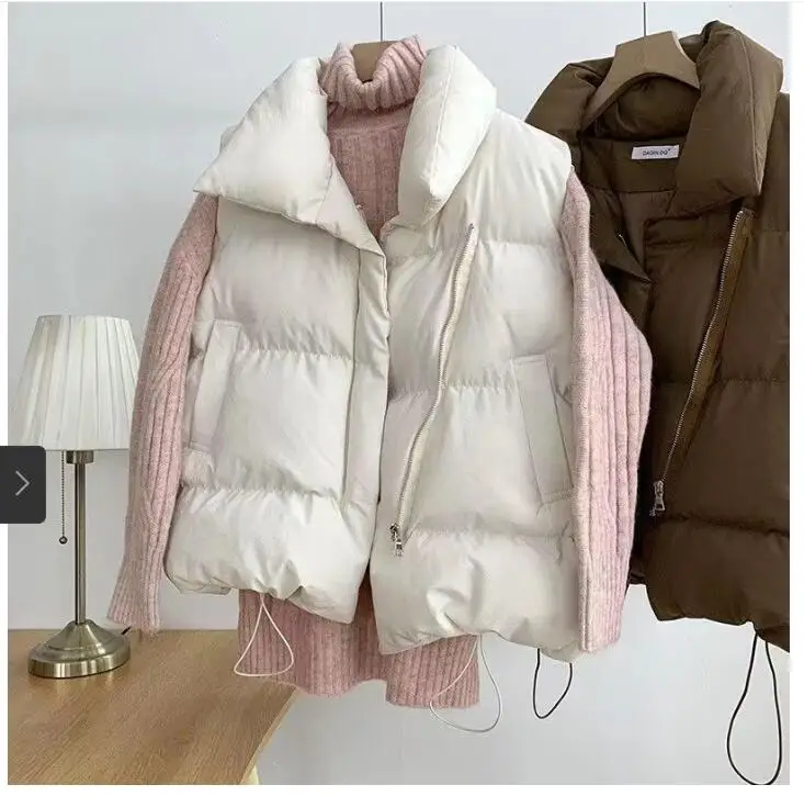 Women Vest Coat Women\'s Stand Collar Sleeveless Vest Coat with Zipper Placket Pockets Autumn Winter Solid Color Thickened