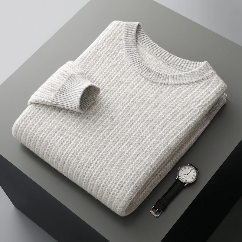100% Pure Wool Men's Round Neck Striped Sweater Loose Casual Knit Bottoming Cashmere Sweater Thick Warm Top