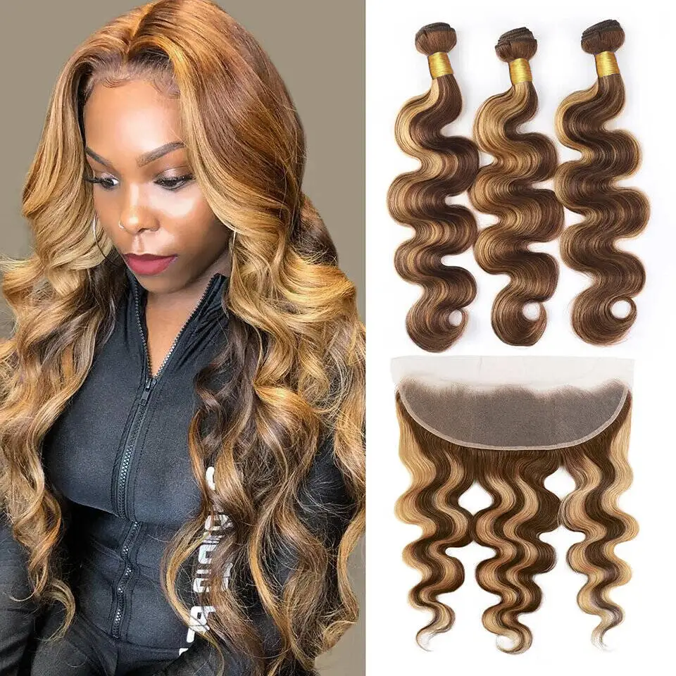 Body Wave Bundles with Frontal P4-27 Highlight Honey Blonde 3 Bundle with 13x4 Lace Frontal Natural Brazilian Human Hair Bundles