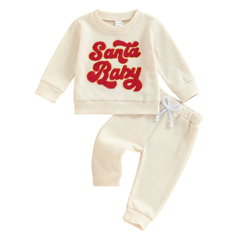 Baby Boy Girl Christmas Waffle Outfit Letter Embroidery Long Sleeve Sweatshirt Elastic Waist Pants 2 Piece Set image 2