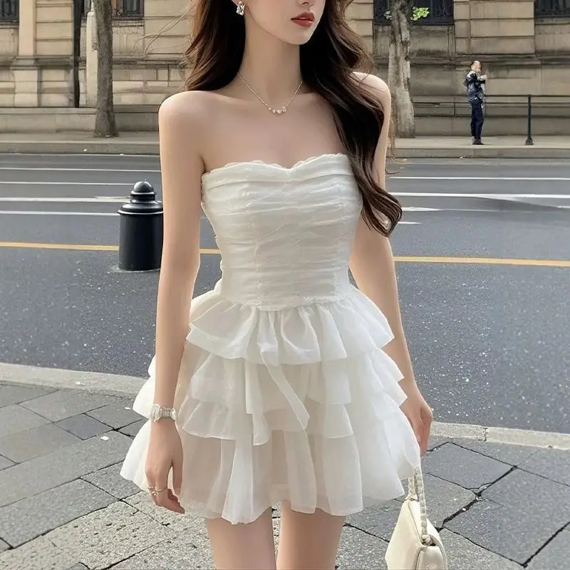 2026 New Summer Sheer Mesh Off-shoulder Strapless Dress Women Elegant Noble Style Waist Slim Temperament Party Midi Dress
