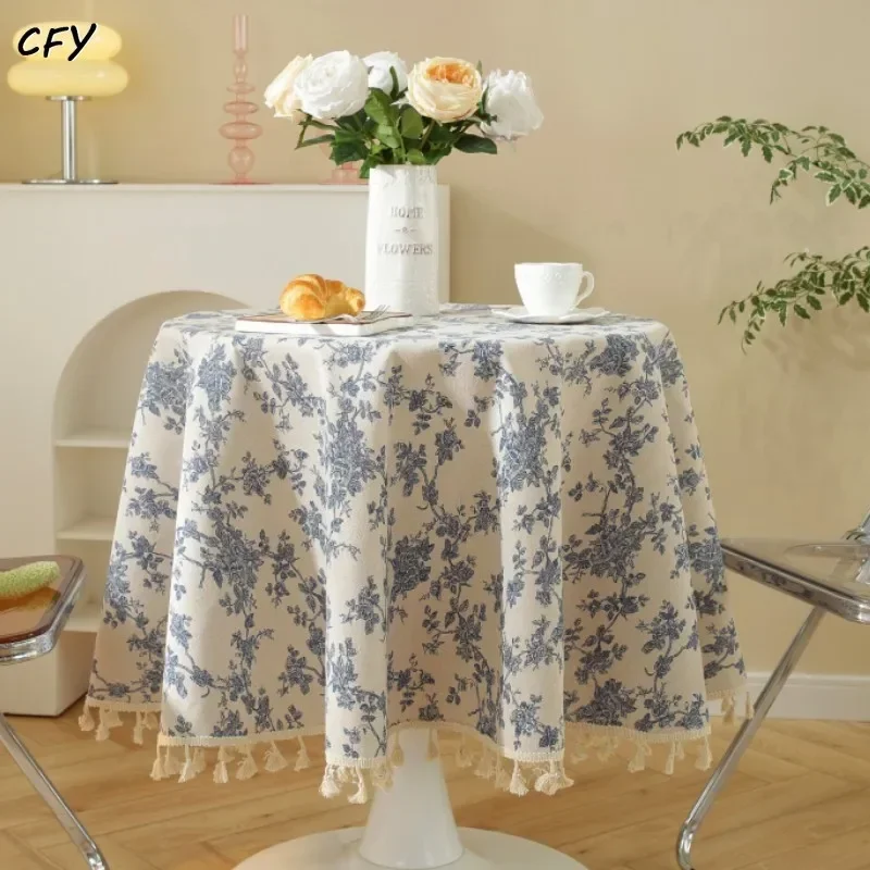 

Cotton Linen Korean Blue Small Floral Tassels Round Tablecloth for Coffee Tables Table Cover Table Linen Round Table Tablecloth