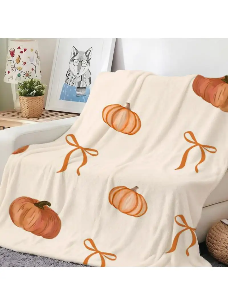 Minimal Pumpkin Bow Fall Throw Blanket Guest Quarters Patio Soft Blanket Sunroom Nook Living Room Lounge Bedroom Den Presents