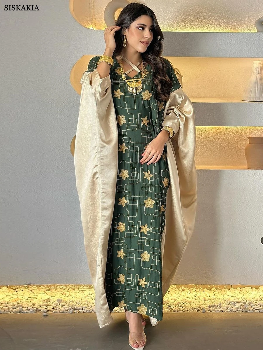 Siskakia Arab Dubai Fashion Floral Embroidery Long Dresses Moroccan Kaftan Casual Contrast Color Batwing Sleeve Abaya For Women
