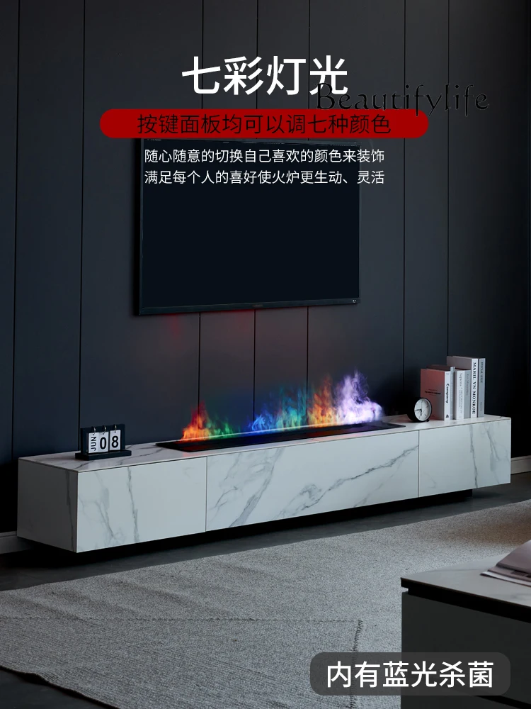 Chimenea 3D, panel de roca integrado, mueble de TV, humidificador integrado, horno decorativo, llama de simulación central