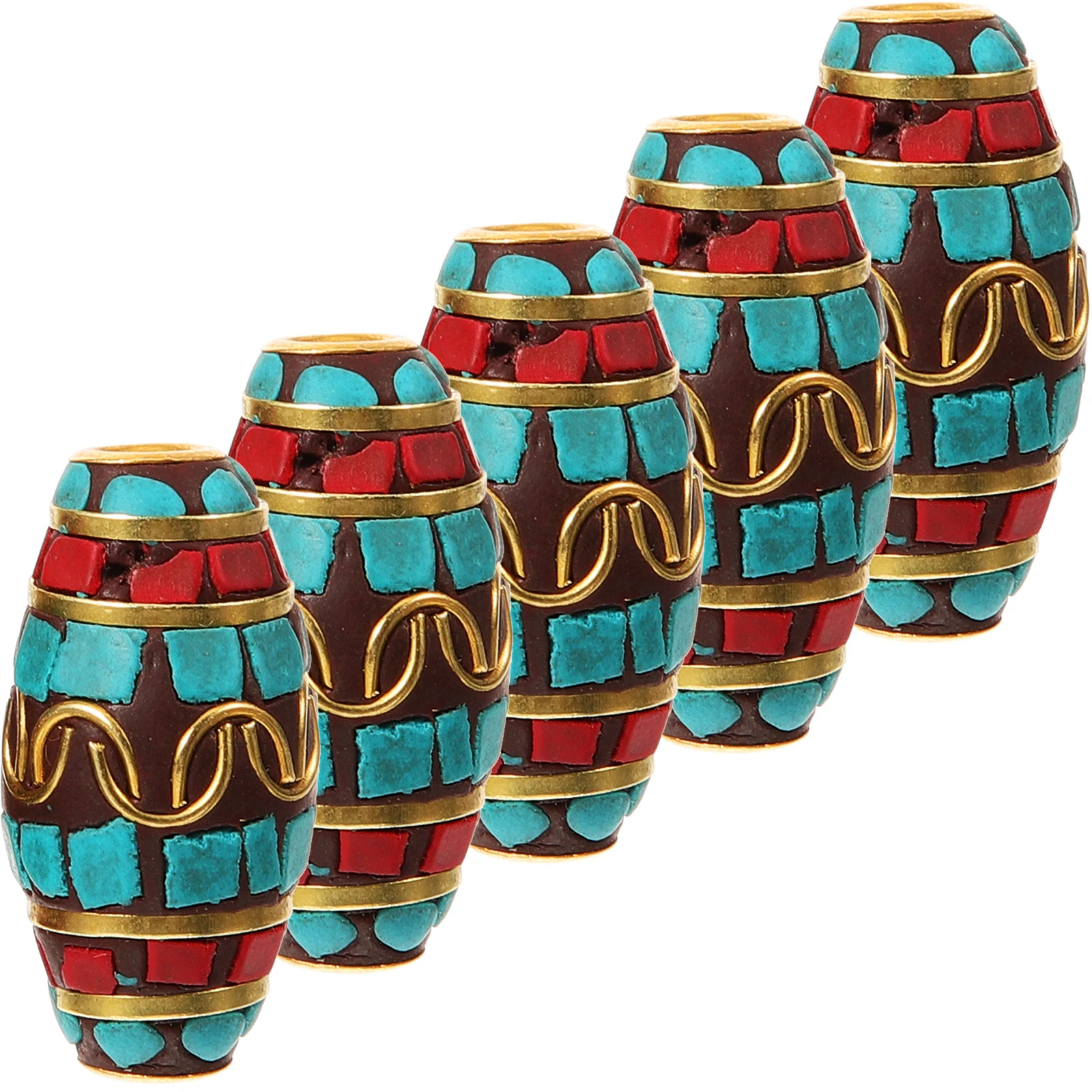 

5 Pcs Inlaid Turquoise Copper Spacer Beads for Jewelry Making DIY Handmade Retro Tibetan Style Necklace Hole Findings