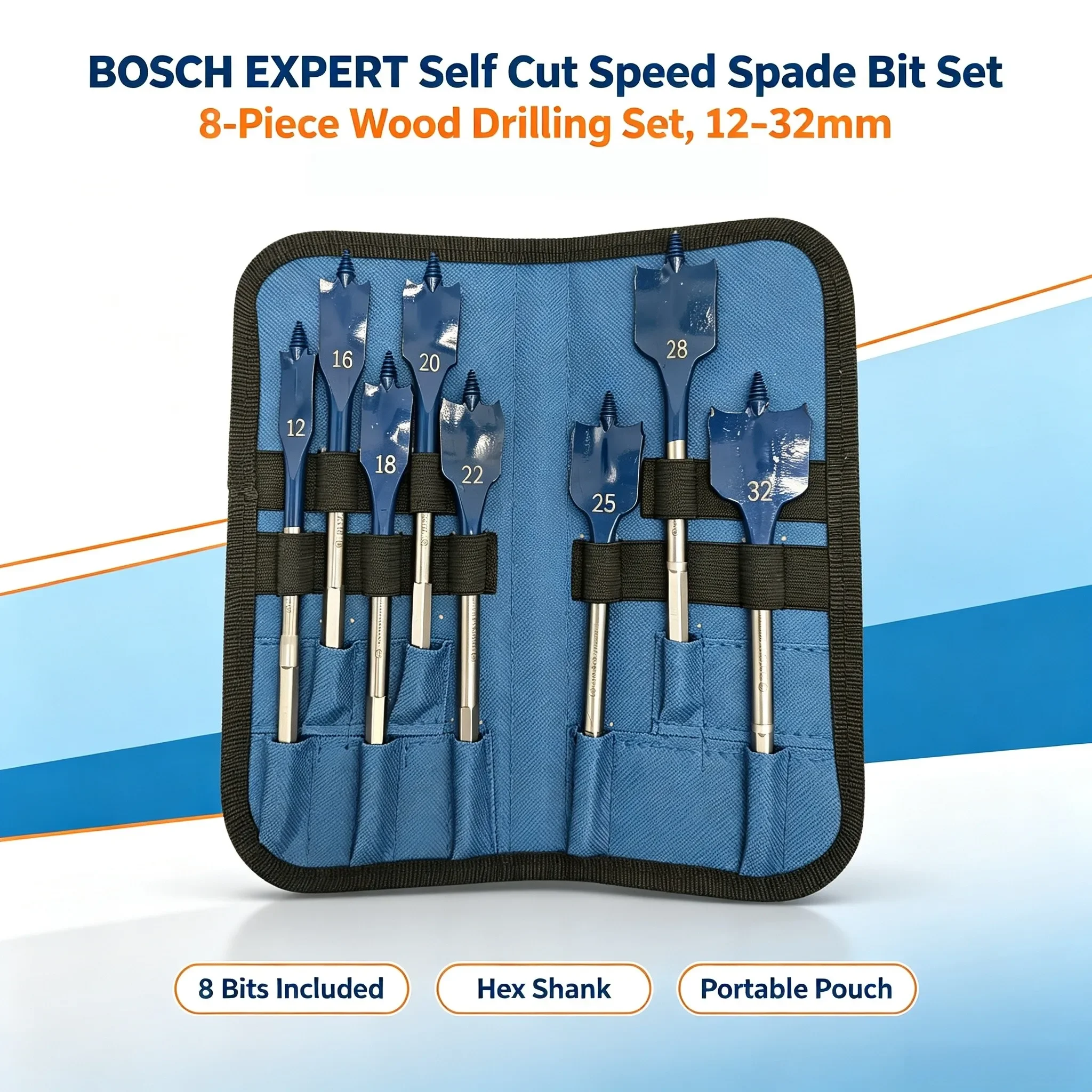 Juego de brocas de impacto para taladro Bosch 2608902111 Expert SelfCut Speed Spade, 12-32 mm, 8 piezas, accesorio para taladrar madera