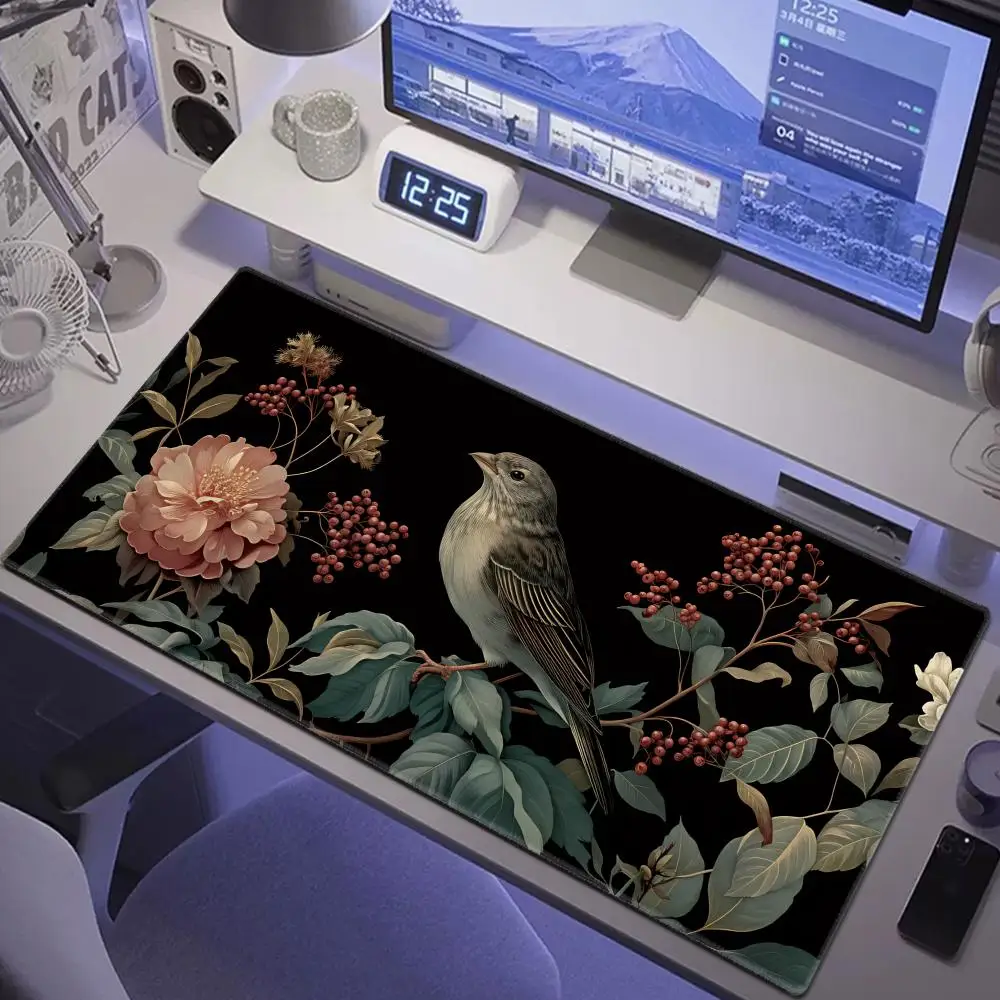 

HYBXAXC Vintage Floral Bird Desk Mat, Elegant Bird & Peony Botanical Art Large Gaming Mouse Pad, Extended Keyboard Mat