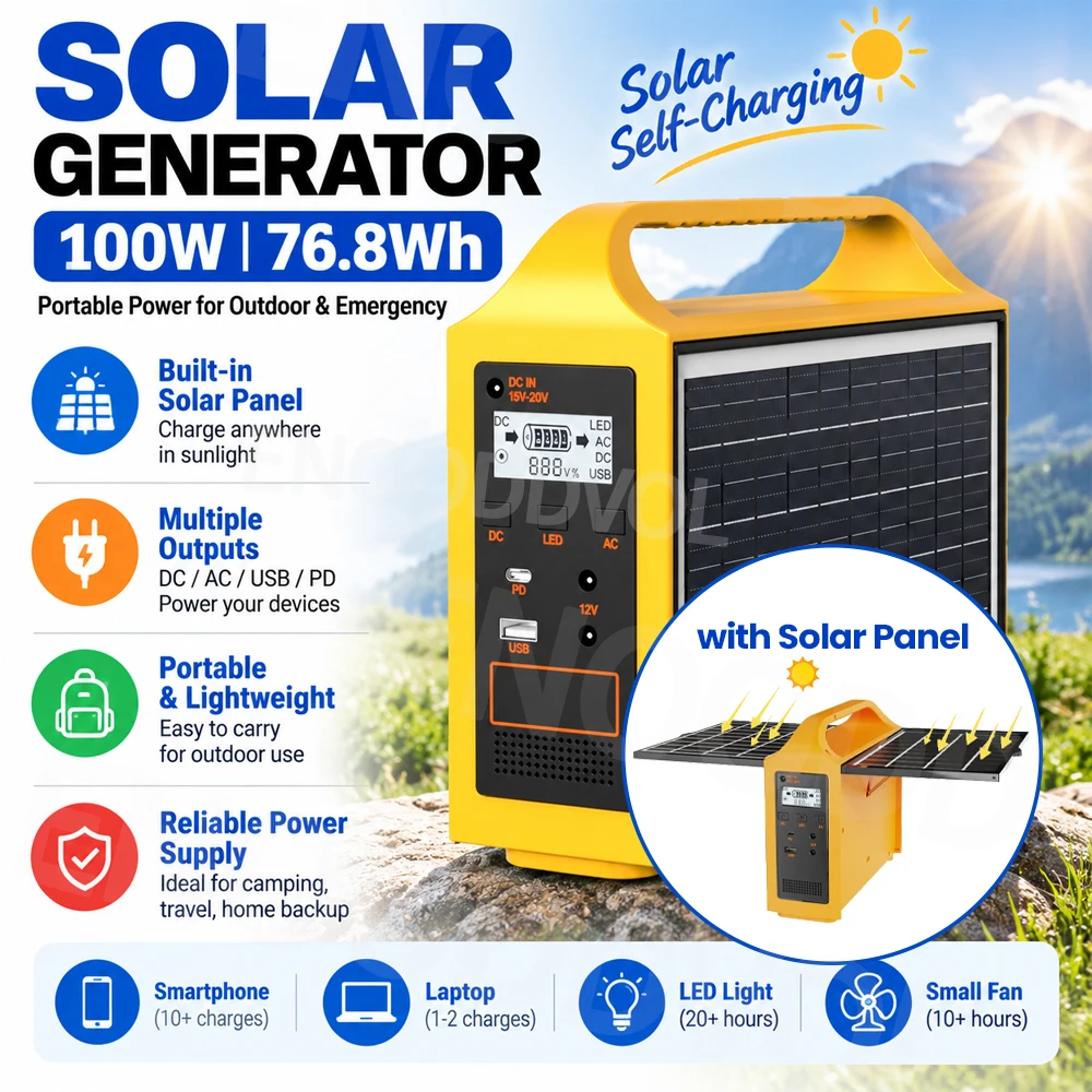 100W 76.8Wh 24000mAh Portable Power Station Solar Generator with Solar Panel LED Light for Outdoor Camping Travel Emergency