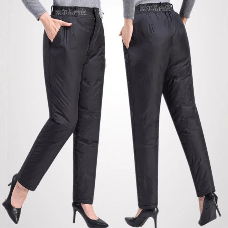 Duck Down Warm High Waist Straight Pants Thicken Big Size Snow Wear Slim Trousers Winter New Women Fluffy Waterproof Pantalones
