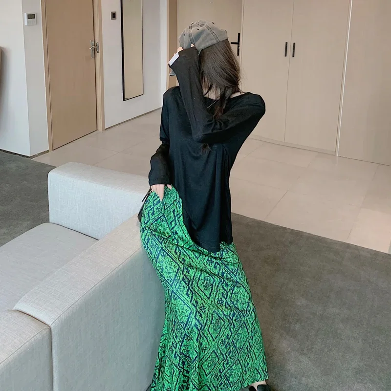 

Long Skirts Women Green All-match Fashion Design Ankle-length Thin Summer Vintage Print Faldas Mujer College Breathable Casual