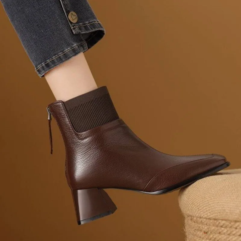 

Elegant Women Ankle Boots Square Toe High Heels Shoes Designer 2025 Winter Dress Party Cheslea Boots Brand Chunky Pumps Botas