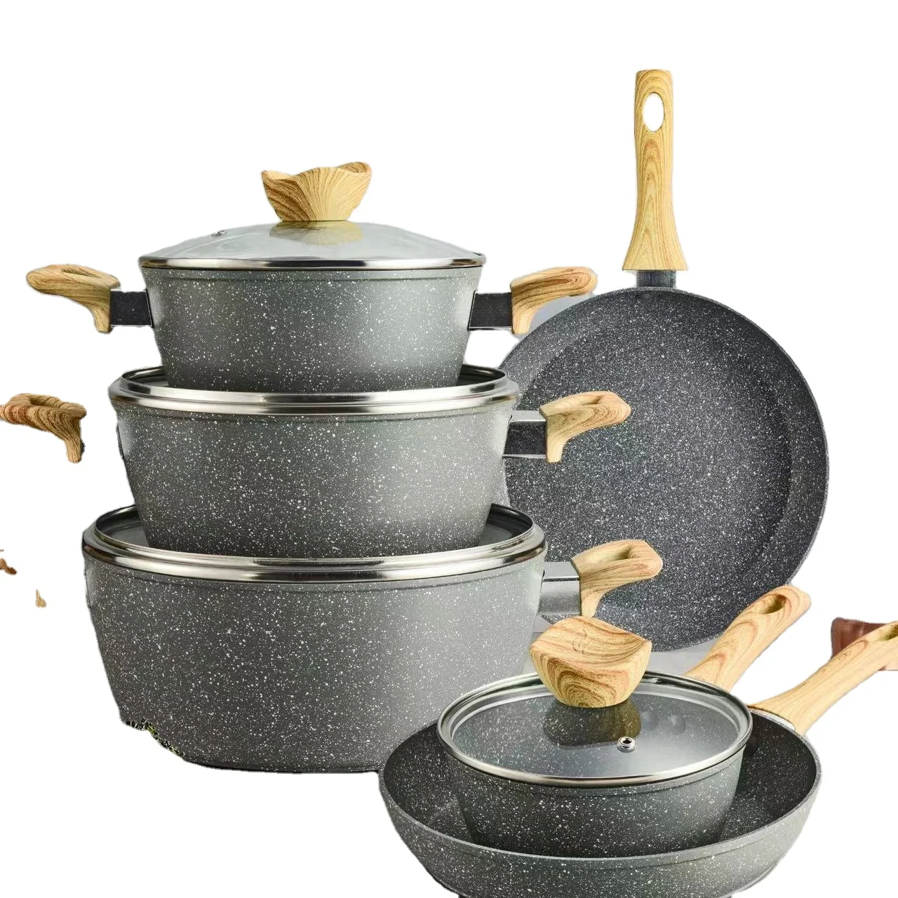 

10-Piece Cast Aluminum Nonstick Cookware Set Sustainable Metal Omelet Pans Skillet Stock Pot with Lid for Cooking