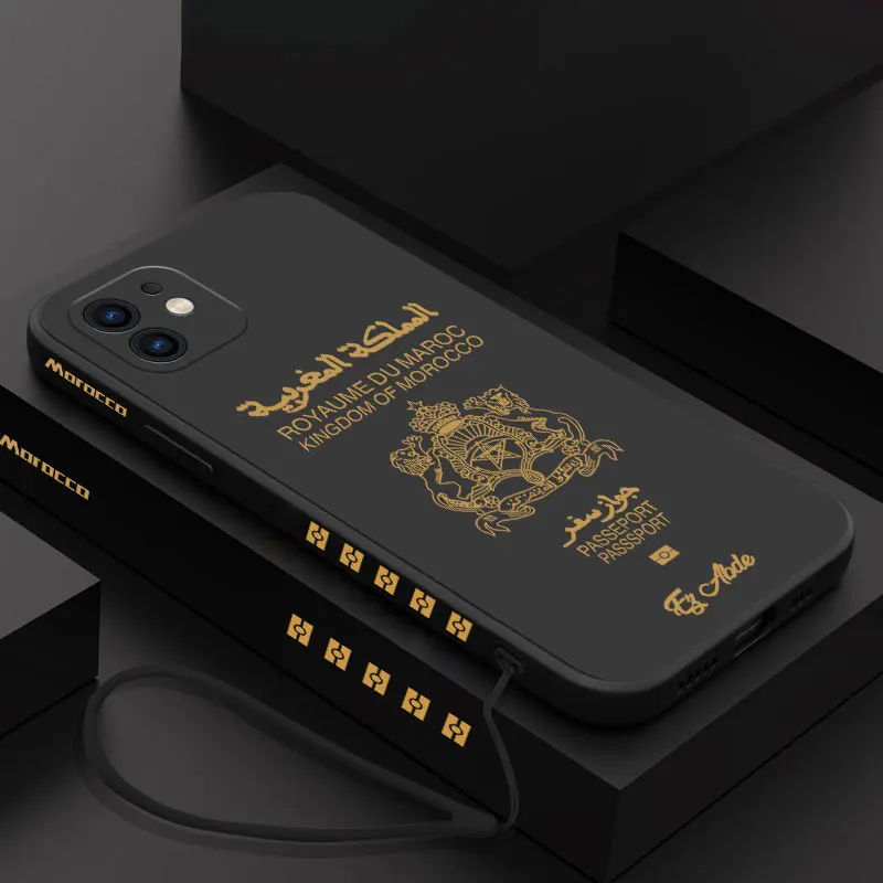 Morocco Passport Phone Case For iPhone 15 14 13 12 11 Pro Max Mini X XR XS MAX SE20 8 7 Plus Silicone Cases with Hand Strap