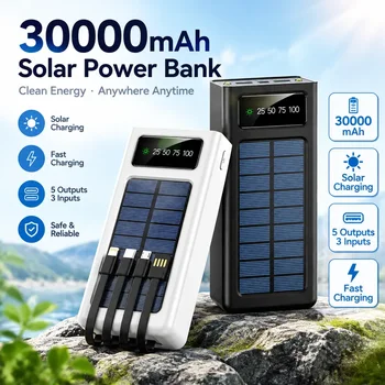Popular Outdoor Solar Power Bank 30000mAh with Cable Portable Mobile Charger Wholesale