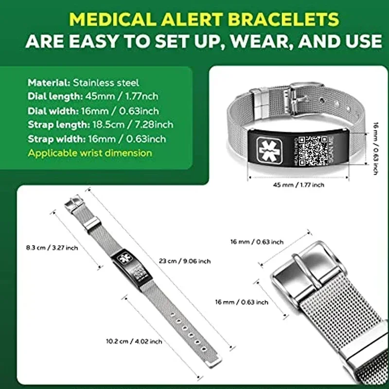 QR Code Medical Bracelet Alarm ID Adjustable Emergency Information Storage Nursing Sports Rehabilitation Stainless Steel Jewelry