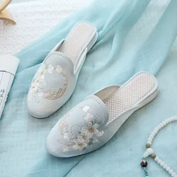 Women Satin Cotton Embroidered Pointy Toe Flat Mules Slippers Comfortable Soft Summer Chinese Style Shoes Black Beige