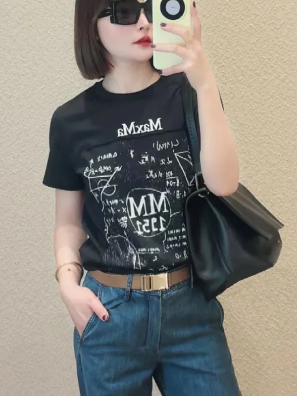 

Street Sle fiti Letter Patchwork ort Sve Cotton T-irt Women's Faion Summer Top Creative Geometric Pattern