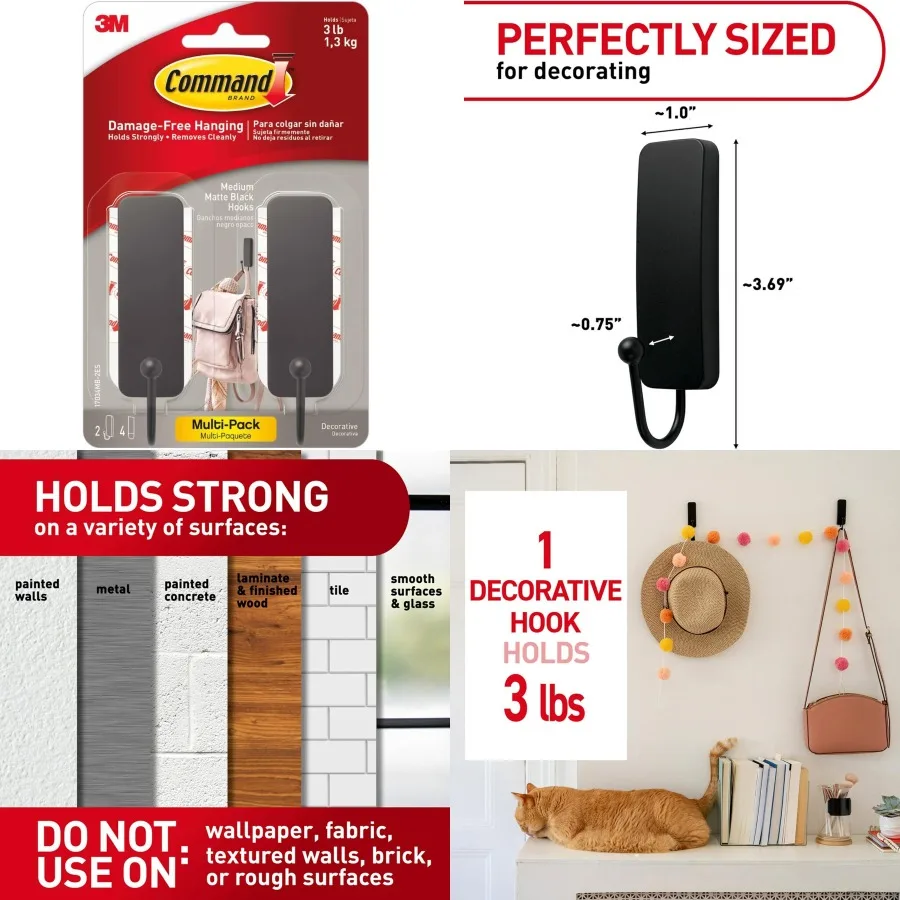 

Средние матовые черные настенные крючки с 2 крючками для одежды и 4 полосками, клейкое решение для подвешивания без повреждений для домашнего декора, инструменты не требуются