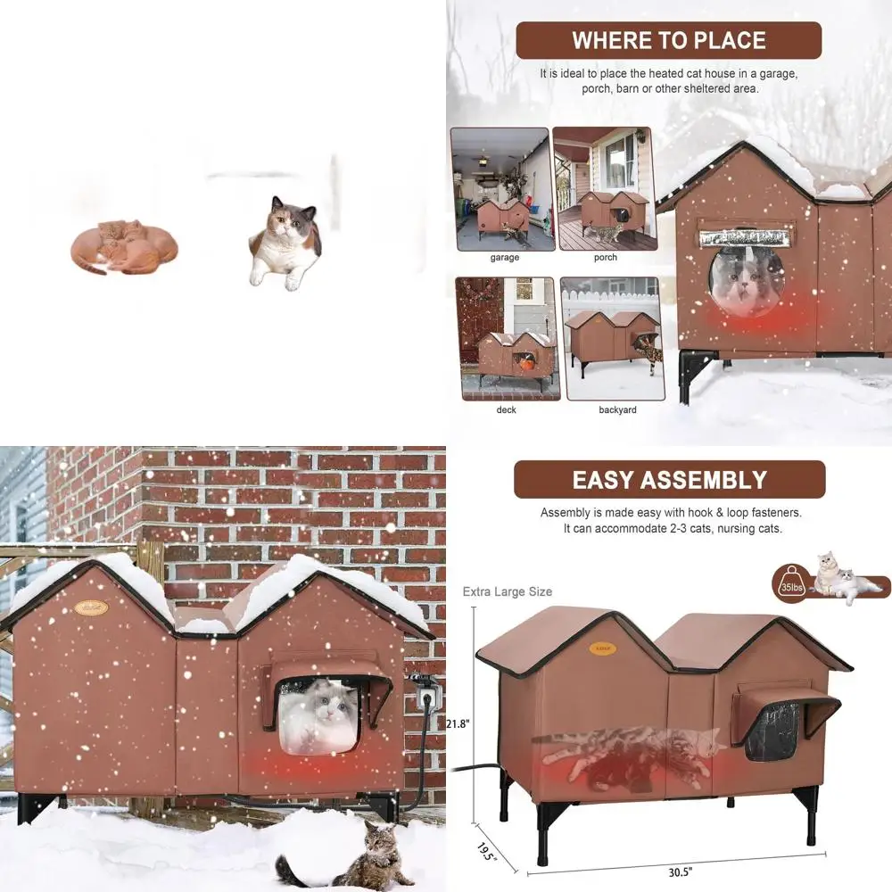 

Большой атмосферостойкий домашний кошачий домик с подогревом и изоляцией и грелками для ферловских кошек зимой (коричневый)