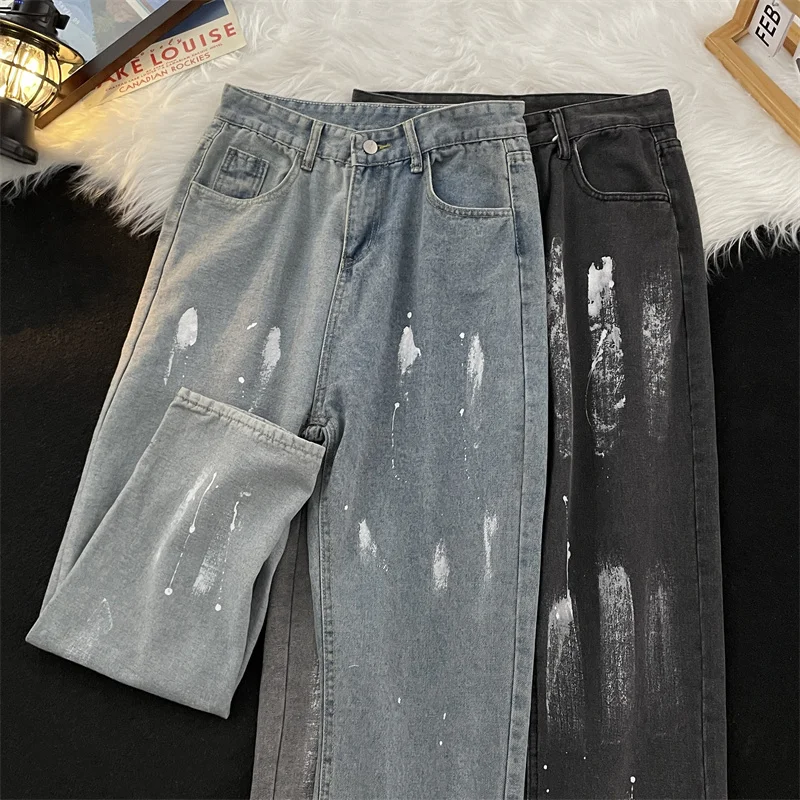 

2024 Men Korean Version Loose Jeans Casual Denim Pants Button High Street Straight Trousers Loose Wide Leg Brand Clothing R25