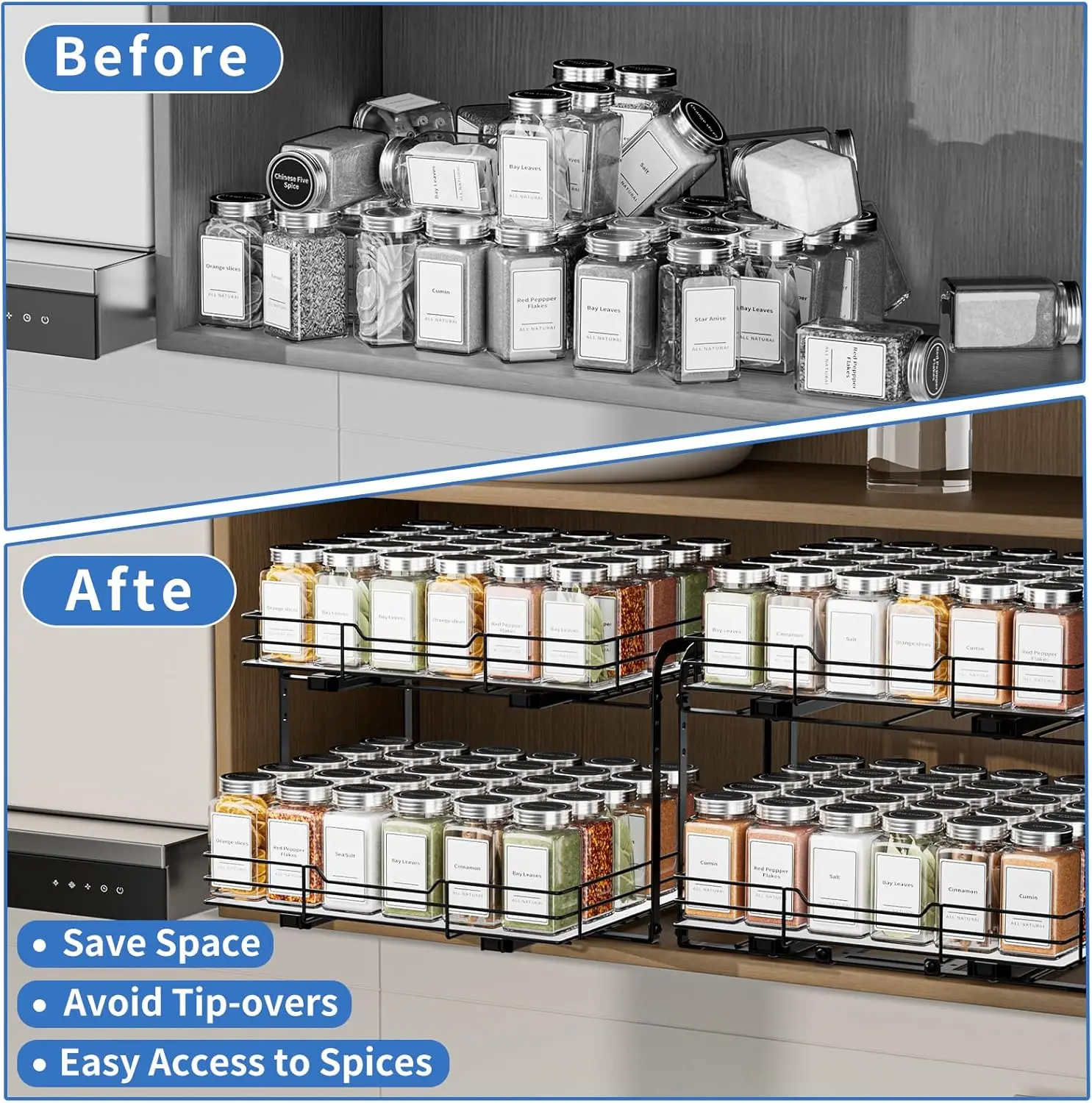 

2-Tier Pull Out Spice Rack Organizer For Cabinet, Spice Rack Organizer, Height Adjustable Heavy Duty Metal Basket For Inside