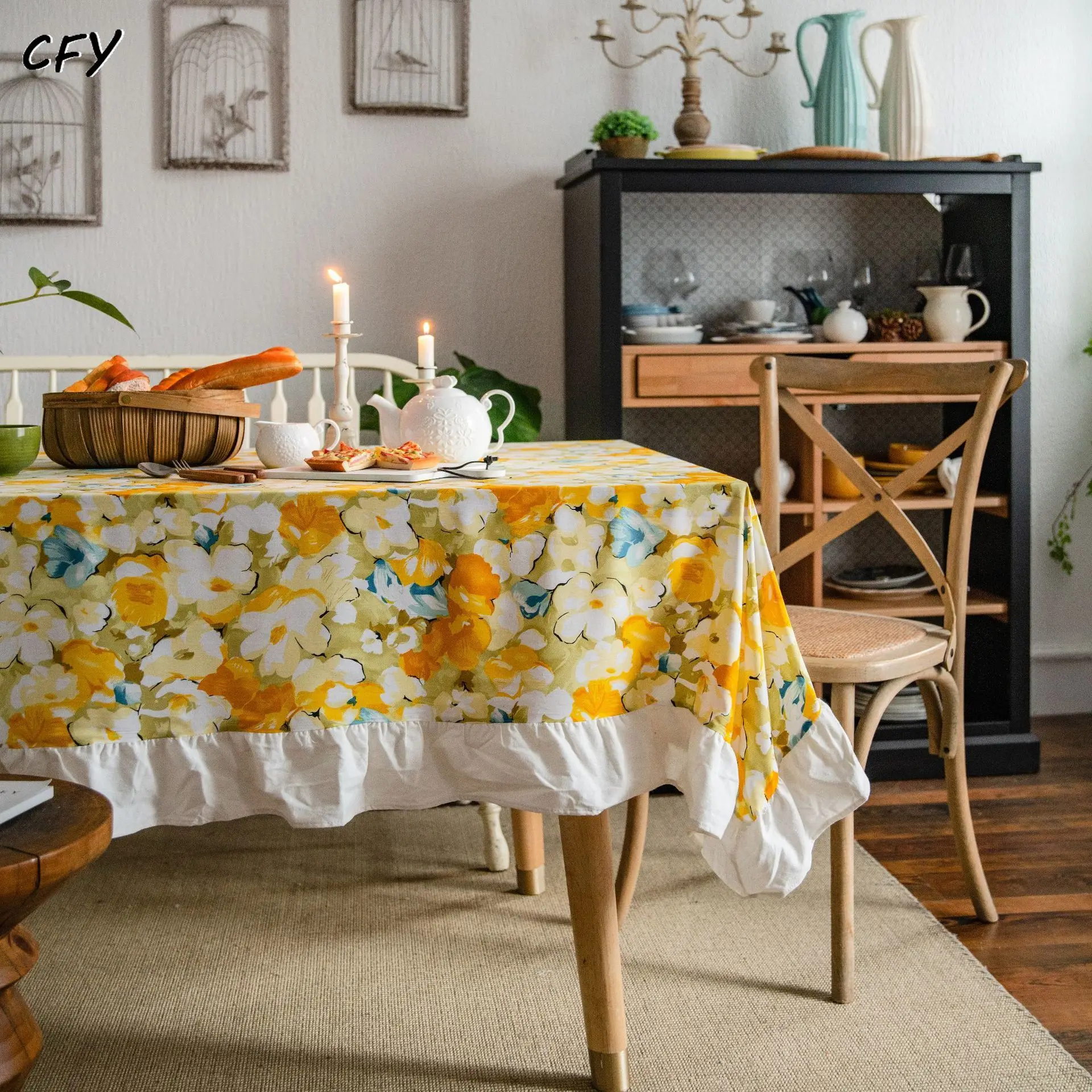 Cotton Linen Yellow Floral Print with Ruffled Edges Rectangular Tablecloth Tea Table Pad Meal Cloth Photo Background Cloth