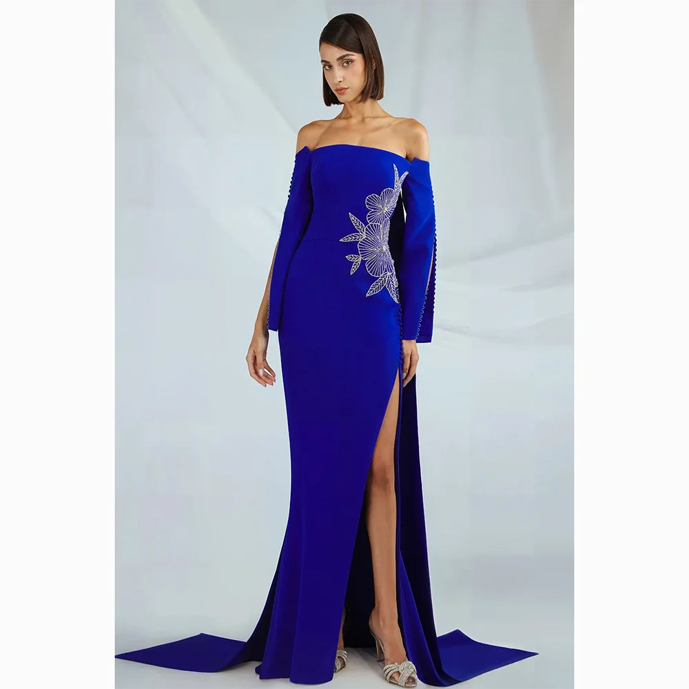 Op maat gemaakte off-the-shoulder lange avondjurken Elegante formele gelegenheid galajurken 2025, dij split tot de grond galajurken