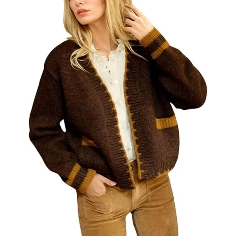 

Knitted Cardigan Spring 2025 New V-neck Long-sleeved Women's Short Stitching Sweater Coat